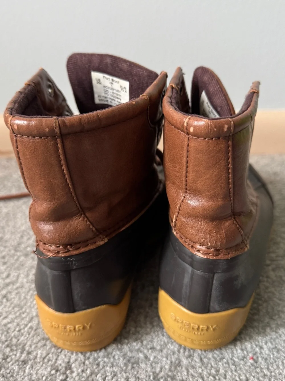 Sperry Kids Brown Leather & Dark Brown Rubber Rain Boots with Tan Soles